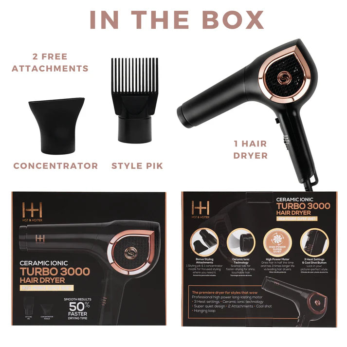 Annie-Hot & Hotter Ceramic Ionic Turbo 3000 Hair Dryer Black & Rose Gold