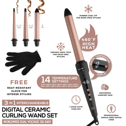 Annie-Hot & Hotter 3 in 1 Interchangeable Digital Curling Wand Set Rose Gold