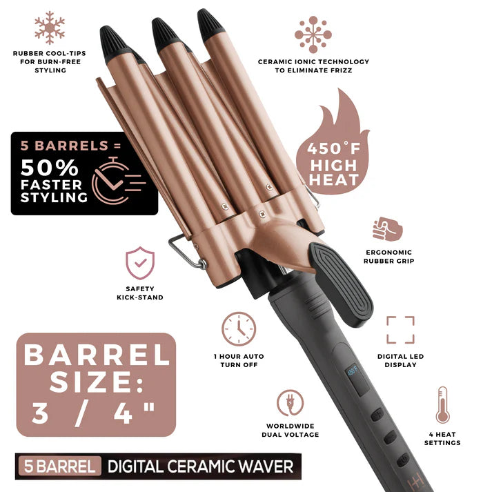 Annie-Hot & Hotter 5 Barrel Digital Ceramic Curling Iron 3/4'' Rose Gold