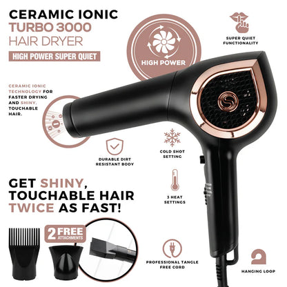 Annie-Hot & Hotter Ceramic Ionic Turbo 3000 Hair Dryer Black & Rose Gold