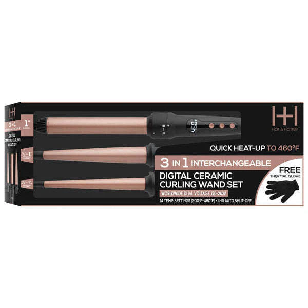 Annie-Hot & Hotter 3 in 1 Interchangeable Digital Curling Wand Set Rose Gold