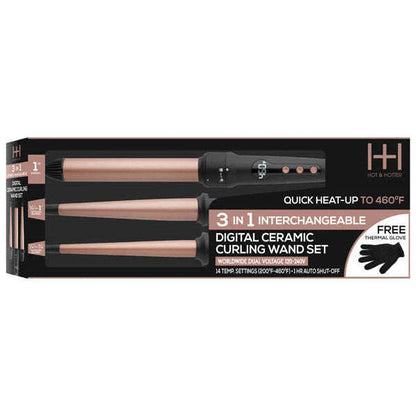 Annie-Hot & Hotter 3 in 1 Interchangeable Digital Curling Wand Set Rose Gold